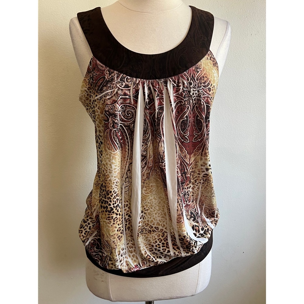 Mixed Animal Paisley Print Bubble Hem Tank Top Brown Leopard Sleeveless Blouse